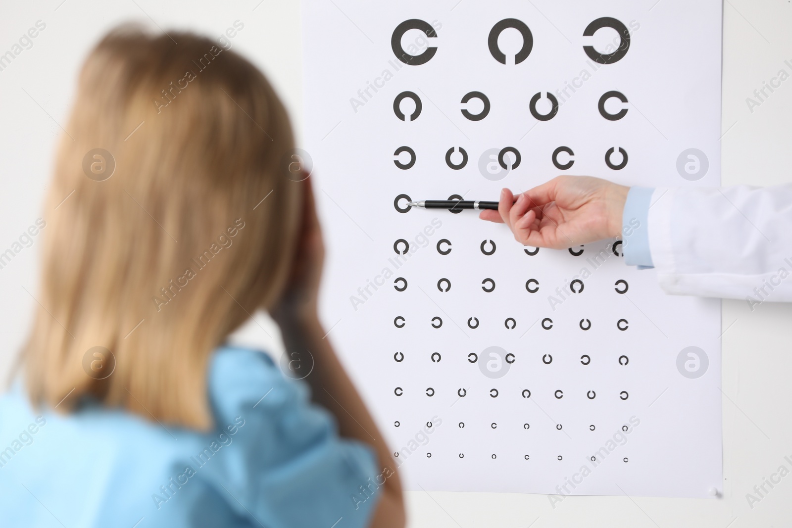 Photo of Ophthalmologist testing little girl's vision in clinic, back view