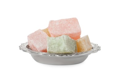 Photo of Turkish delight dessert in plate on white background