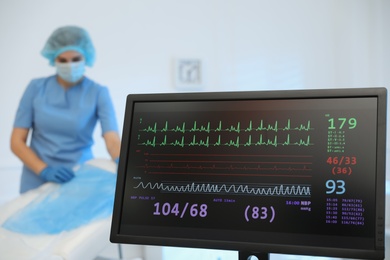 Monitor with cardiogram in hospital, focus on screen. Space for text