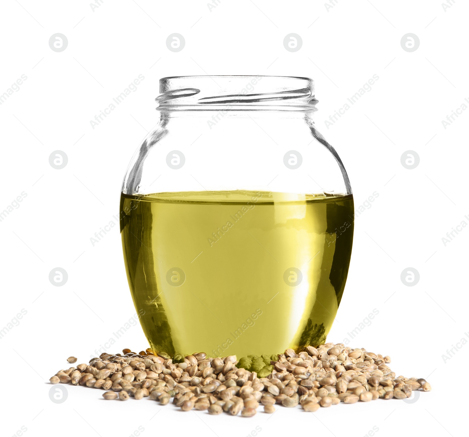 Photo of Jar with hemp oil and seeds on white background