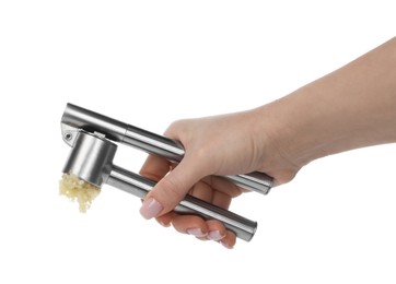 Photo of Woman squeezing garlic with press on white background, closeup