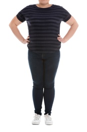 Overweight woman on white background, closeup. Weight loss