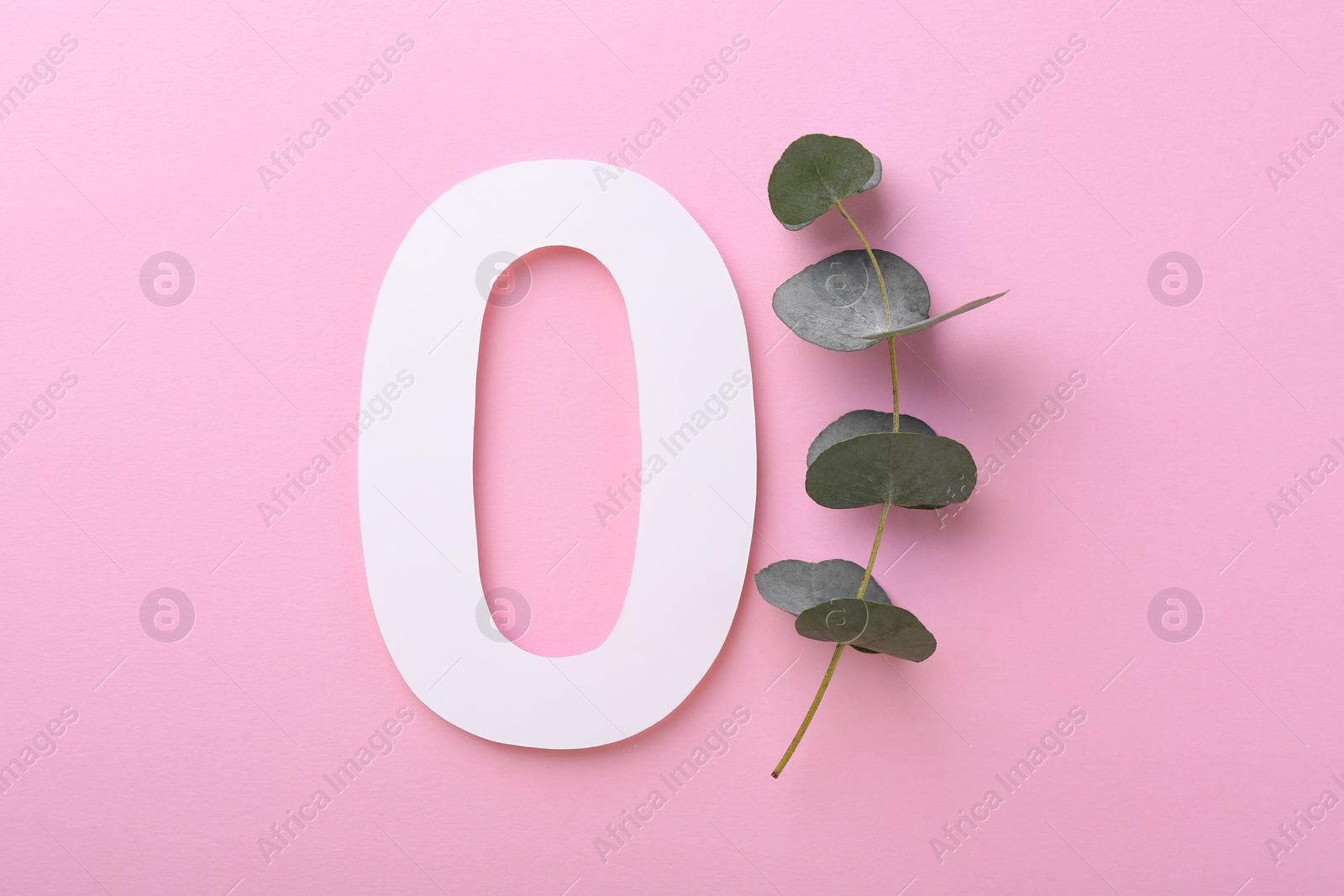 Photo of Paper number 0 and eucalyptus branch on pink background, flat lay