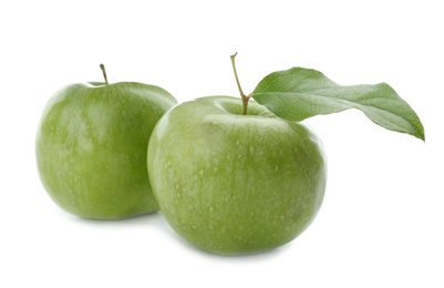 Fresh green apples on white background