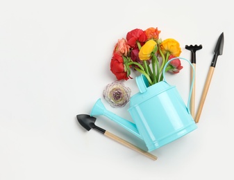 Photo of Beautiful flowers and gardening equipment on white background, top view