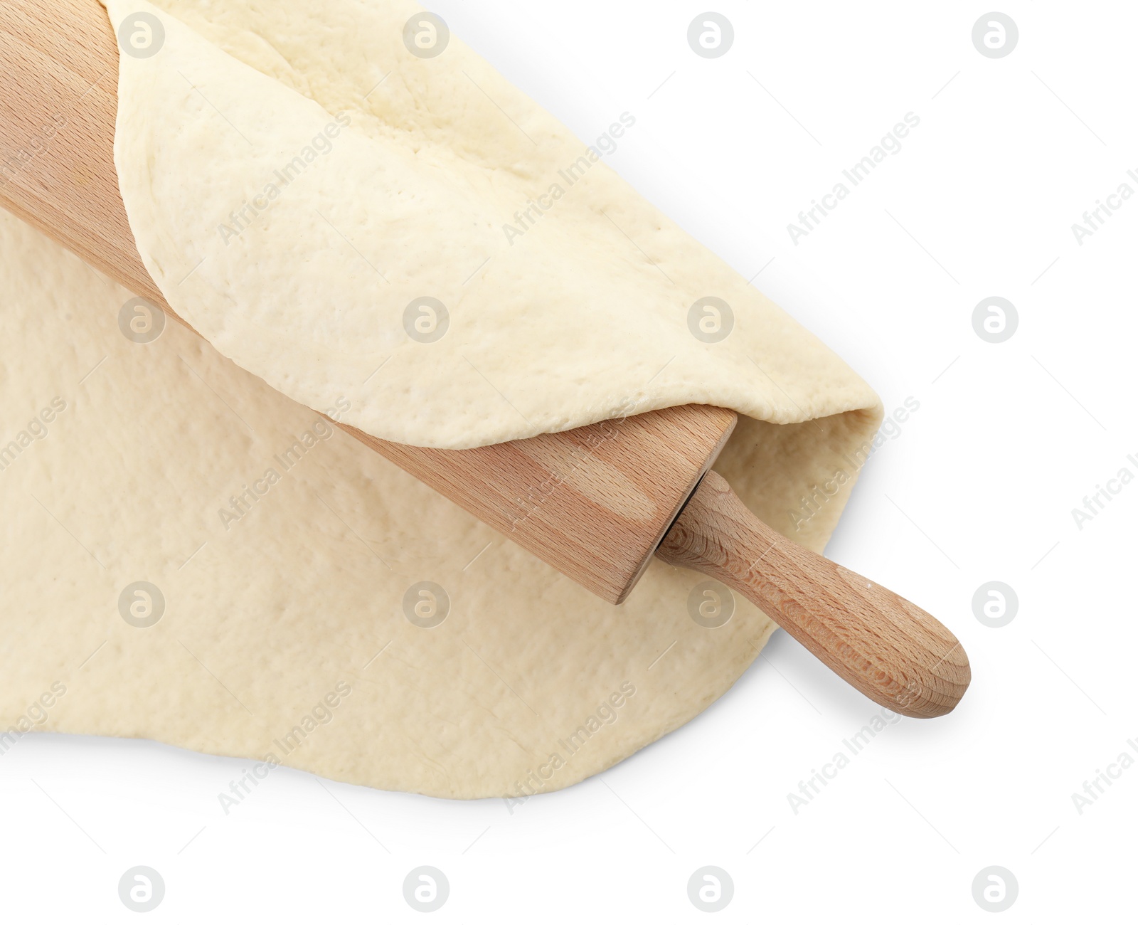 Photo of Raw dough and rolling pin isolated on white, top view