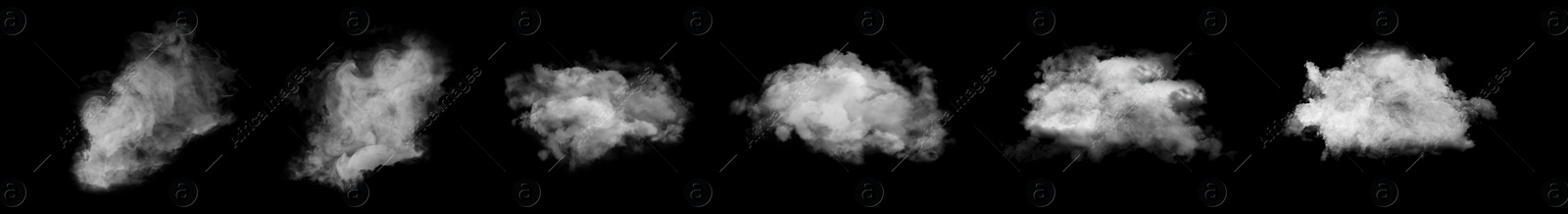 Image of Set with different clouds of white smoke on black background