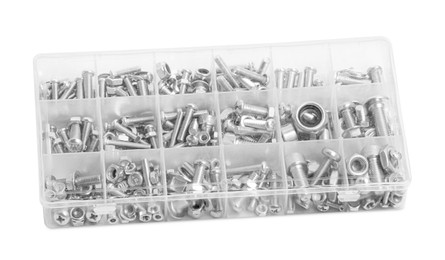 Plastic box with different bolts and nuts isolated on white