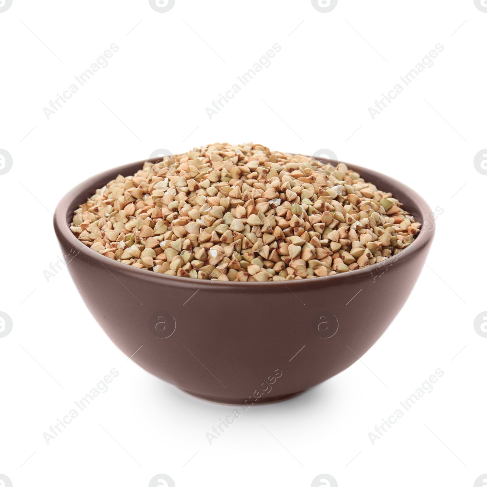 Photo of Organic green buckwheat in bowl isolated on white