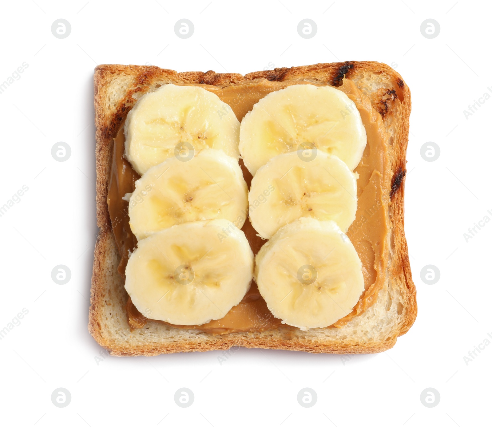 Photo of Toast bread with tasty peanut butter and banana slices on white background