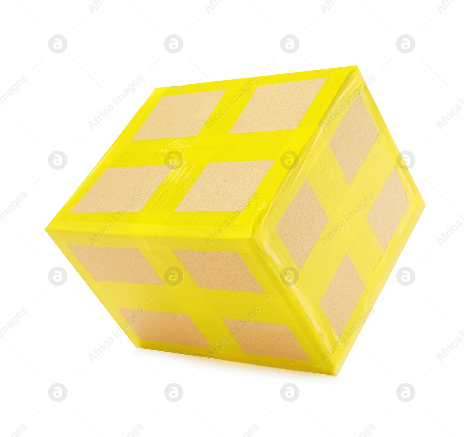 Photo of Cardboard parcel box with yellow sticky tape on white background