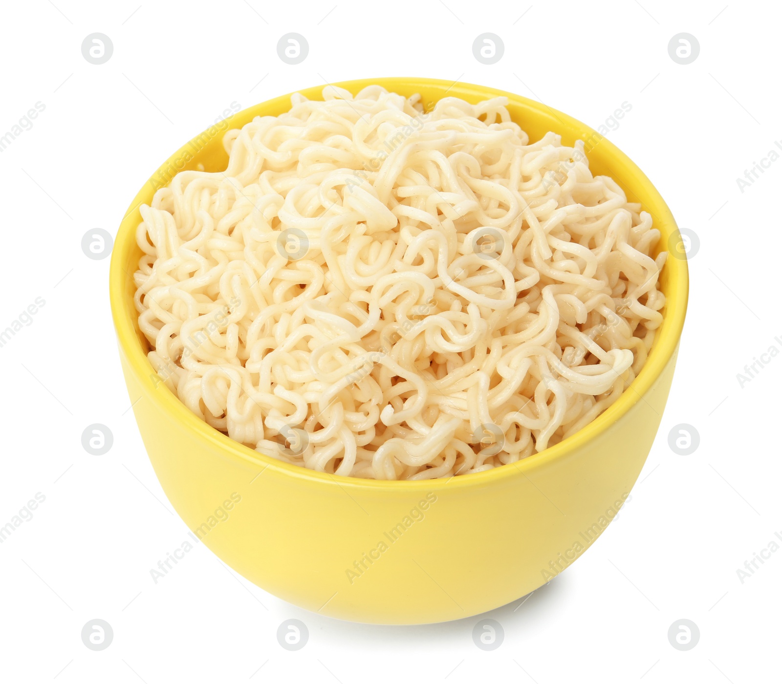 Photo of Tasty instant noodles in bowl isolated on white