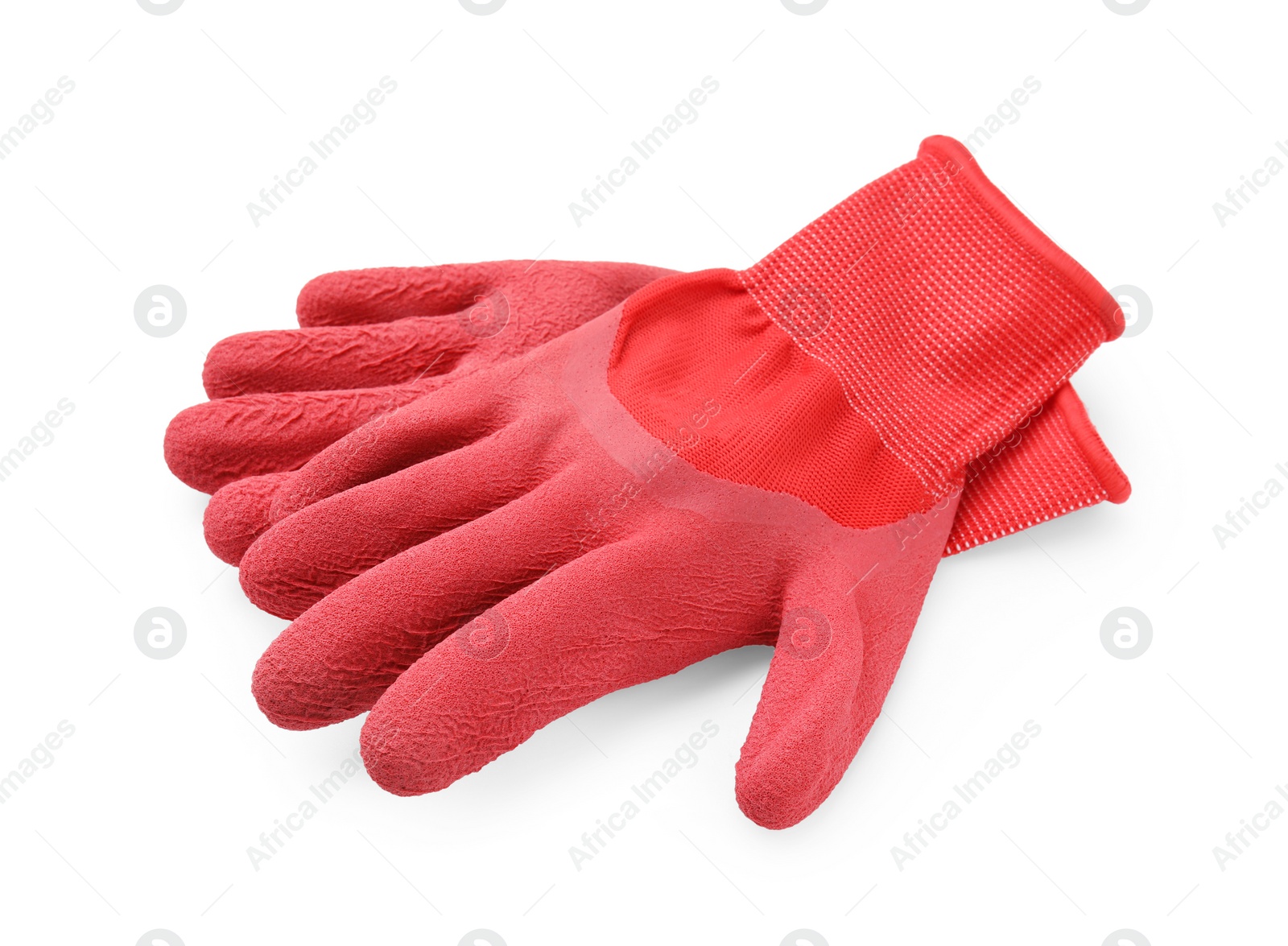 Photo of Pair of red gardening gloves isolated on white