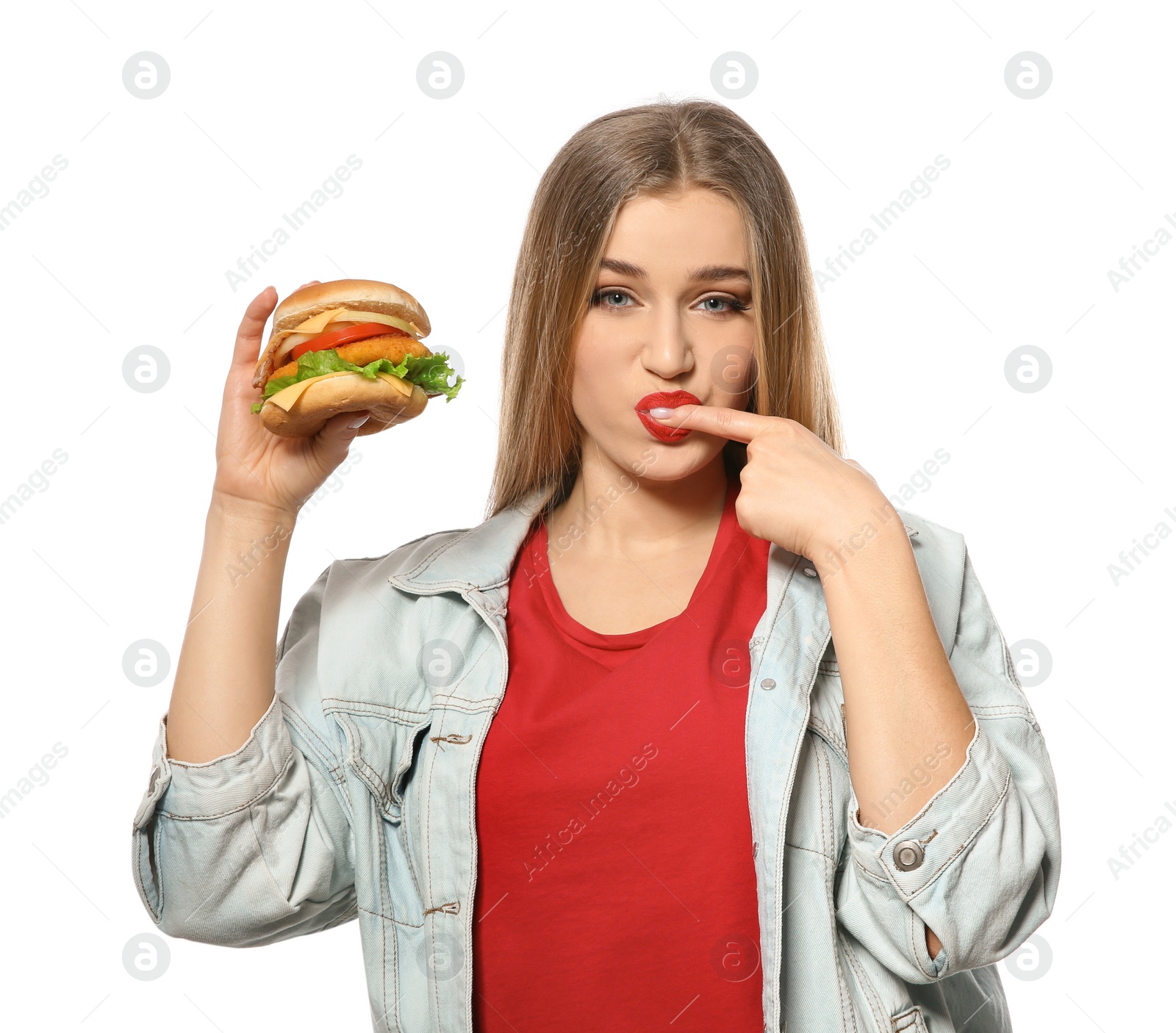 Photo of Pretty woman with tasty burger isolated on white
