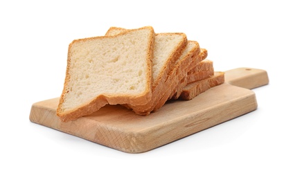 Wooden board with sliced toast bread on white background