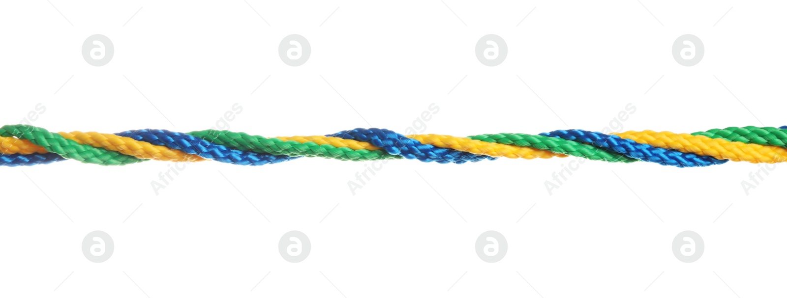 Photo of Twisted colorful ropes isolated on white. Unity concept