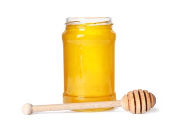 Tasty natural honey in glass jar and dipper isolated on white