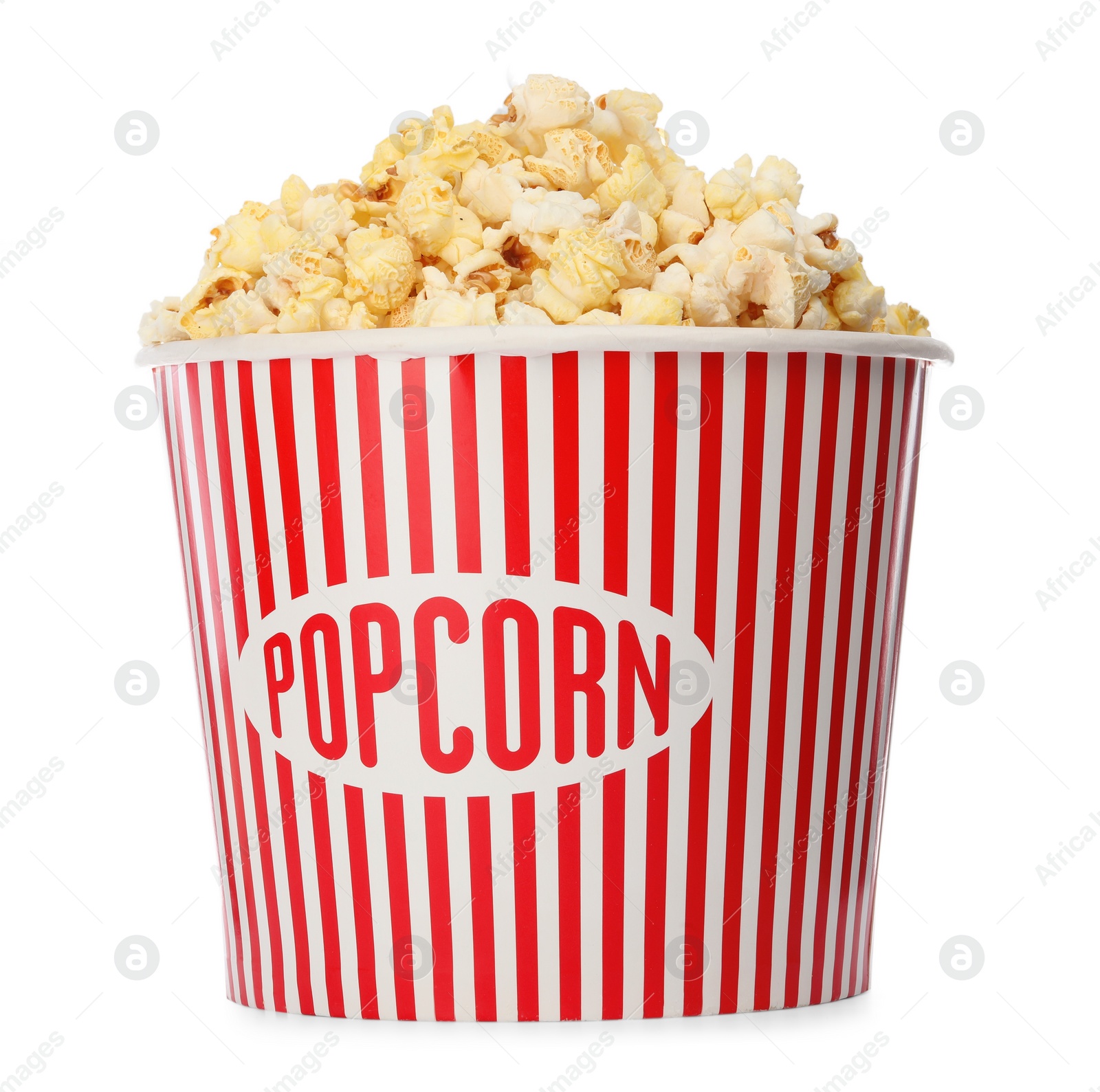 Photo of Tasty fresh pop corn in bucket isolated on white