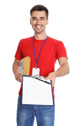 Happy young courier with clipboard and envelopes on white background