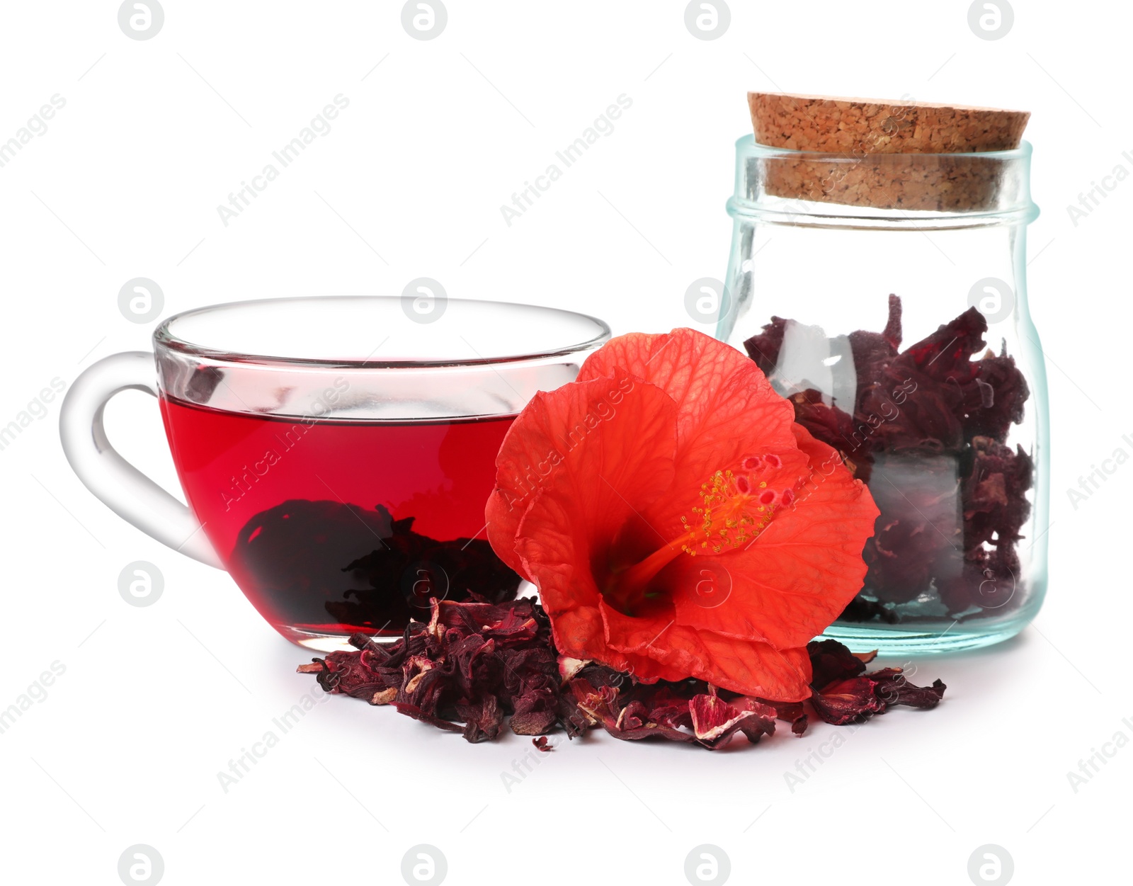 Photo of Delicious hibiscus tea and dry flowers on white background