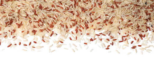 Photo of Mix of brown and polished rice on white background, top view