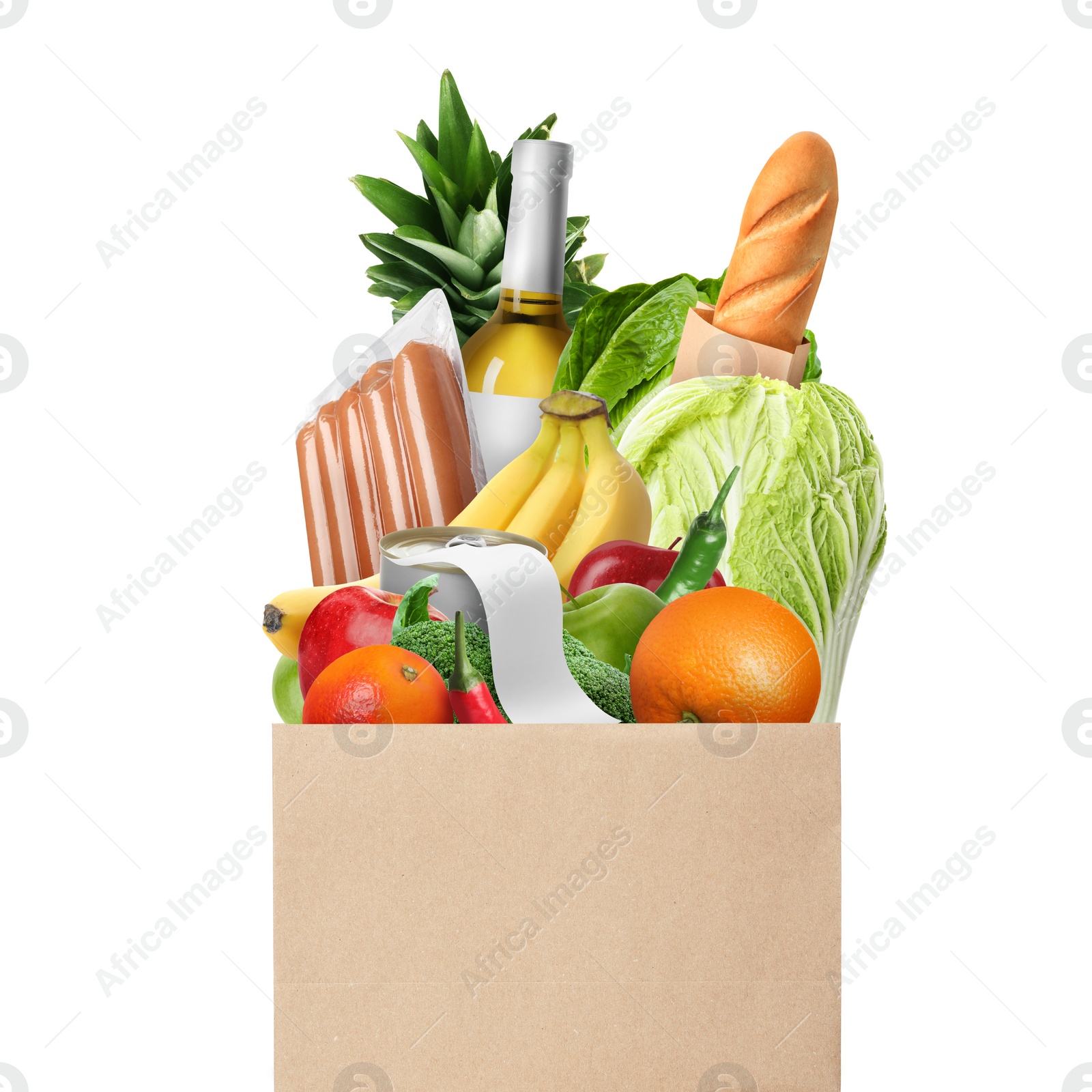 Image of Paper bag with different products and receipt isolated on white