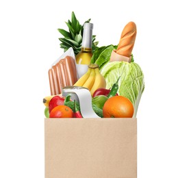 Image of Paper bag with different products and receipt isolated on white