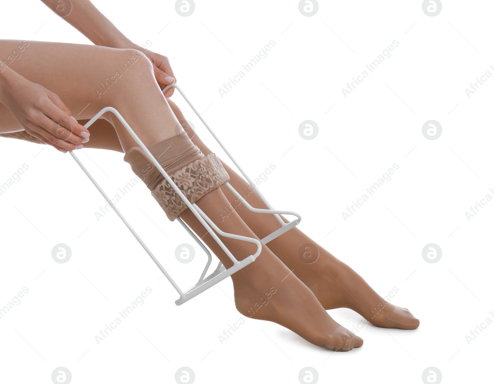 Photo of Woman wearing compression tights with donner on white background, closeup