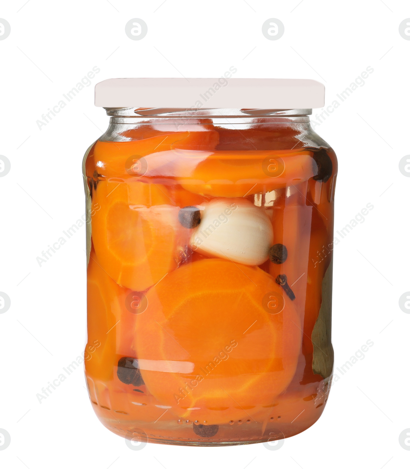 Photo of Jar with pickled carrot slices on white background