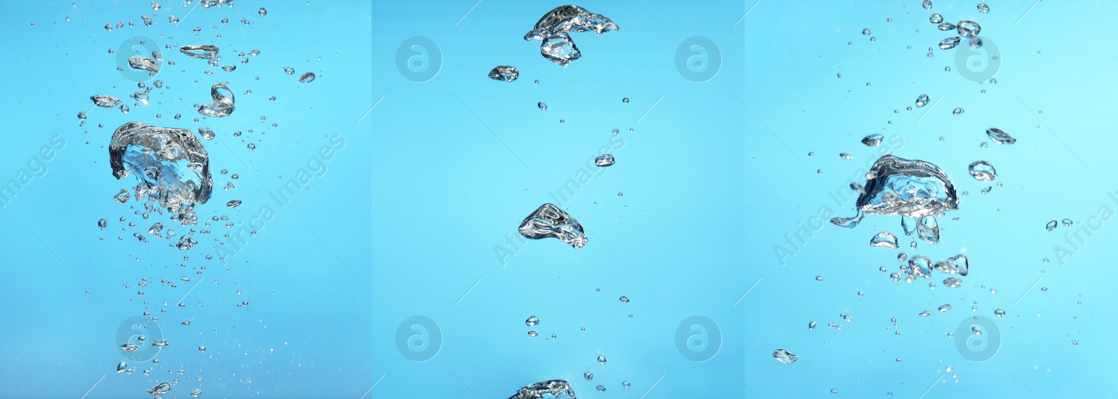 Image of Collage with air bubbles in water on light blue background