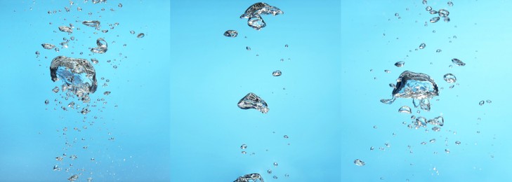 Image of Collage with air bubbles in water on light blue background