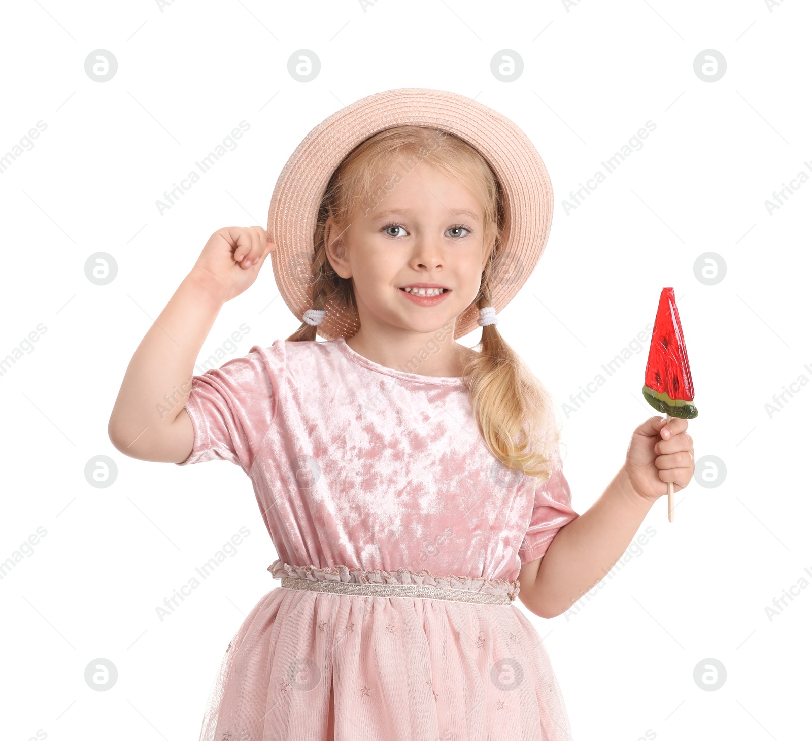 Photo of Cute little girl with candy on white background