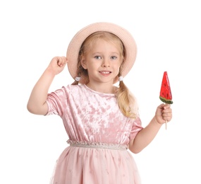 Cute little girl with candy on white background