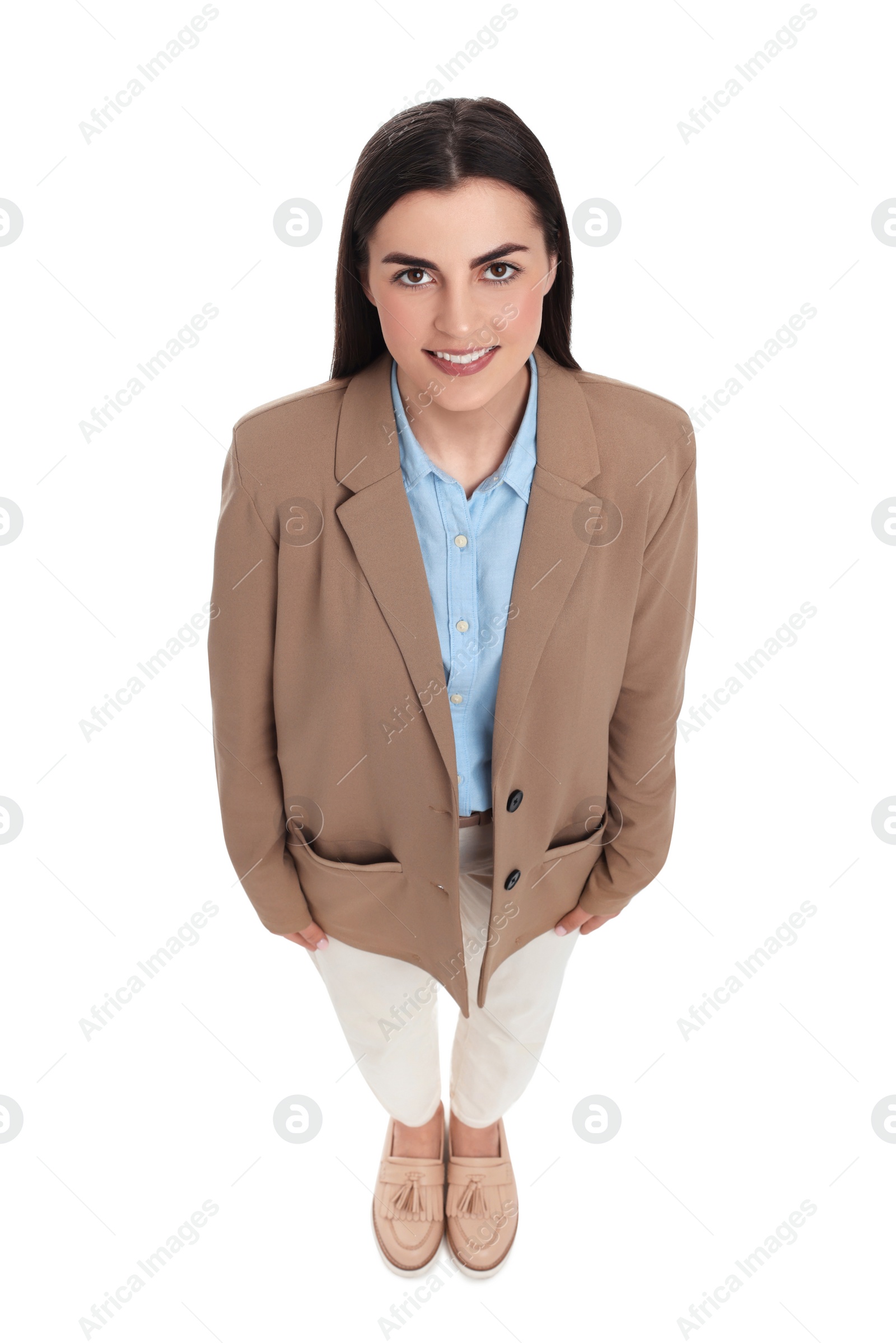 Photo of Beautiful happy businesswoman on white background, above view