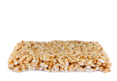 Photo of Bar of delicious rice crispy treat isolated on white