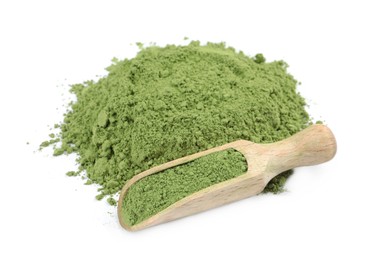 Photo of Scoop with green matcha powder isolated on white