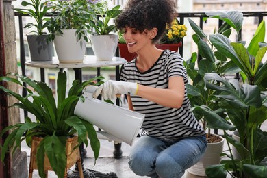 Happy young woman watering green potted houseplants on balcony