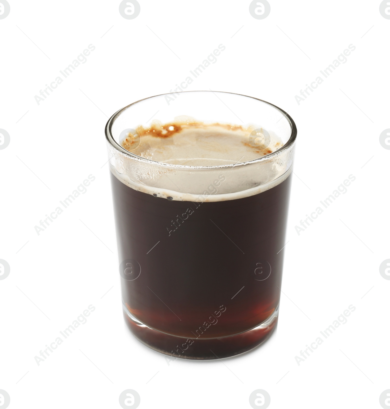 Photo of Glass of aromatic hot coffee on white background