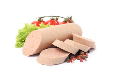 Photo of Delicious liver sausage, tomatoes, lettuce and peppercorns on white background