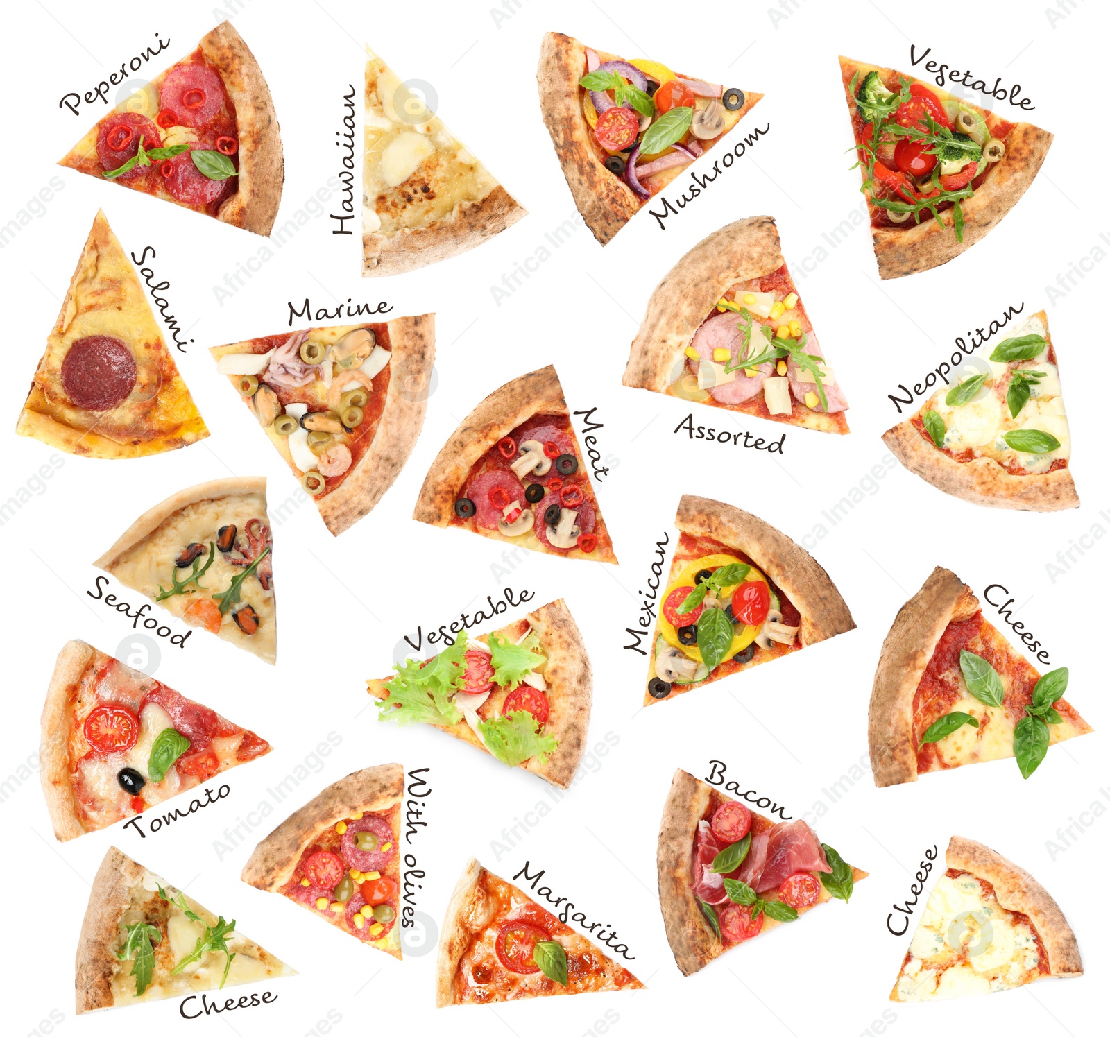 Image of Set with slices of different pizzas on white background, top view 