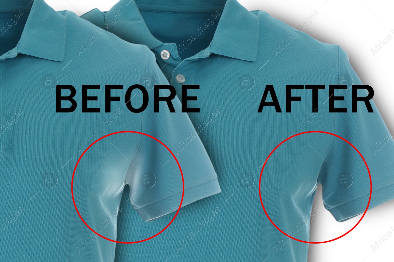 Image of Blue shirts before and after using deodorant on white background