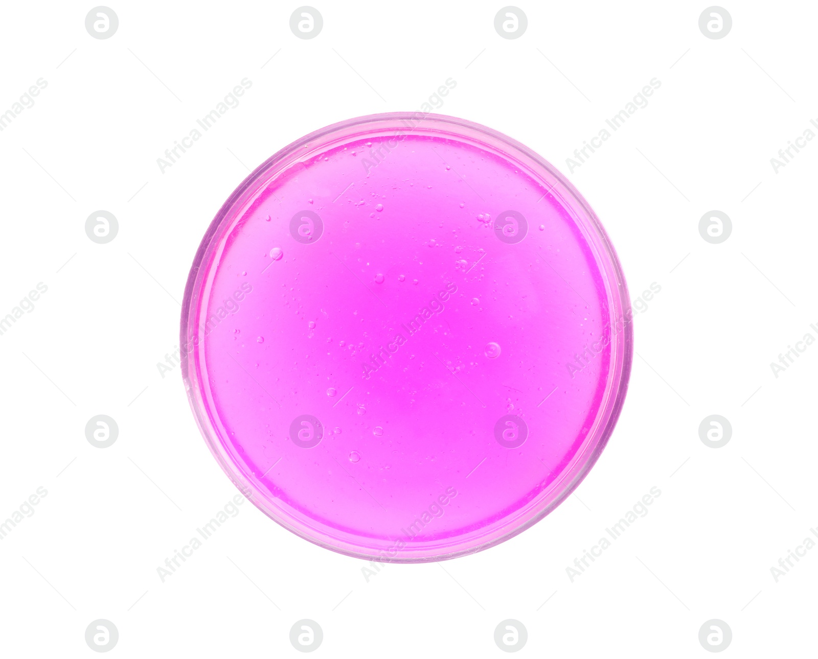 Photo of Pink slime with glitter in plastic container isolated on white, top view. Antistress toy