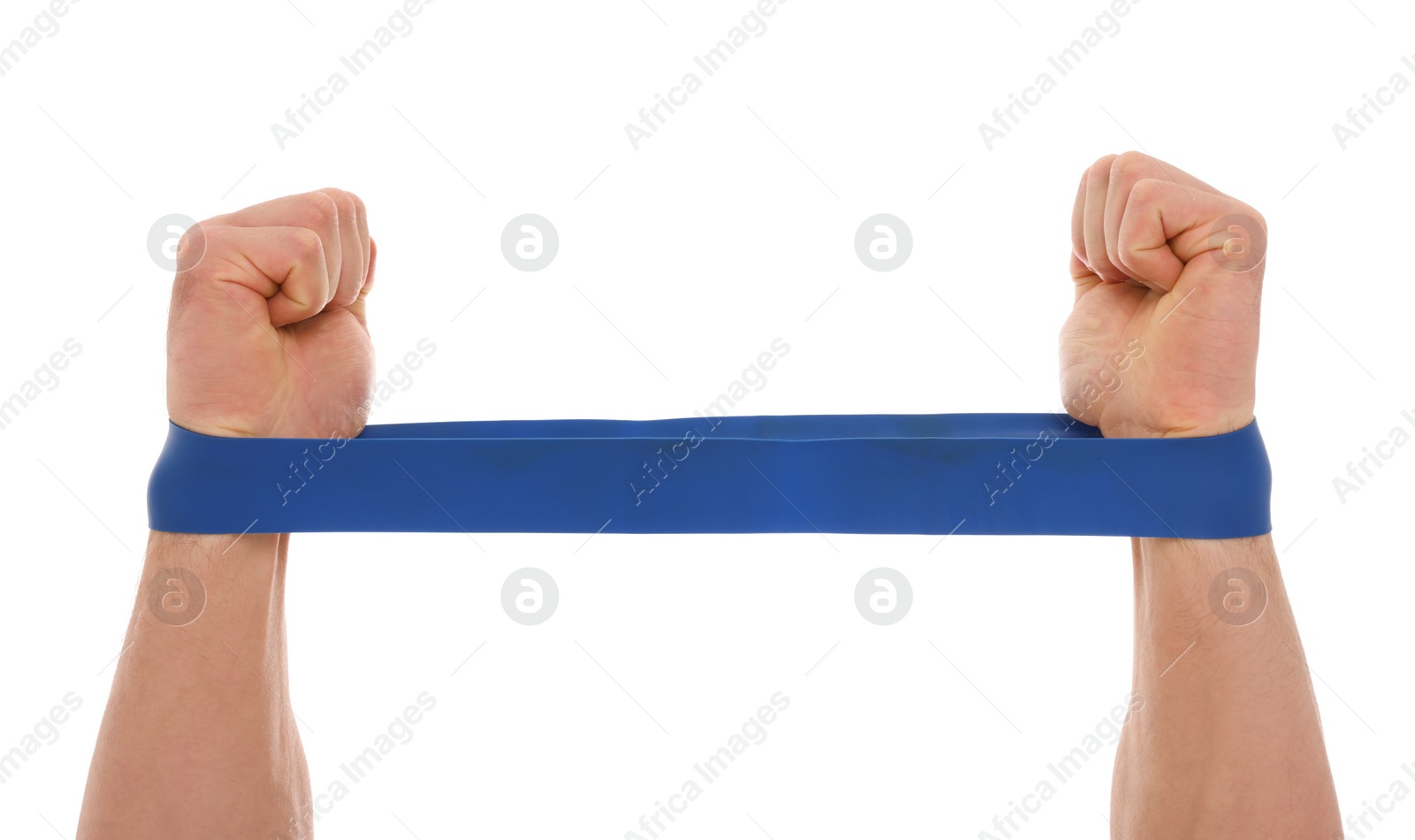 Photo of Young man with elastic resistance band on white background, closeup of hands