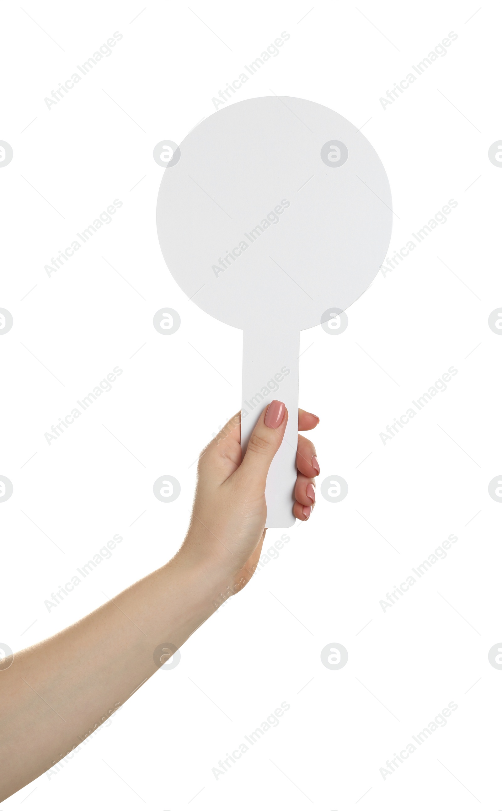 Photo of Woman holding blank auction paddle on white background, closeup. Space for text