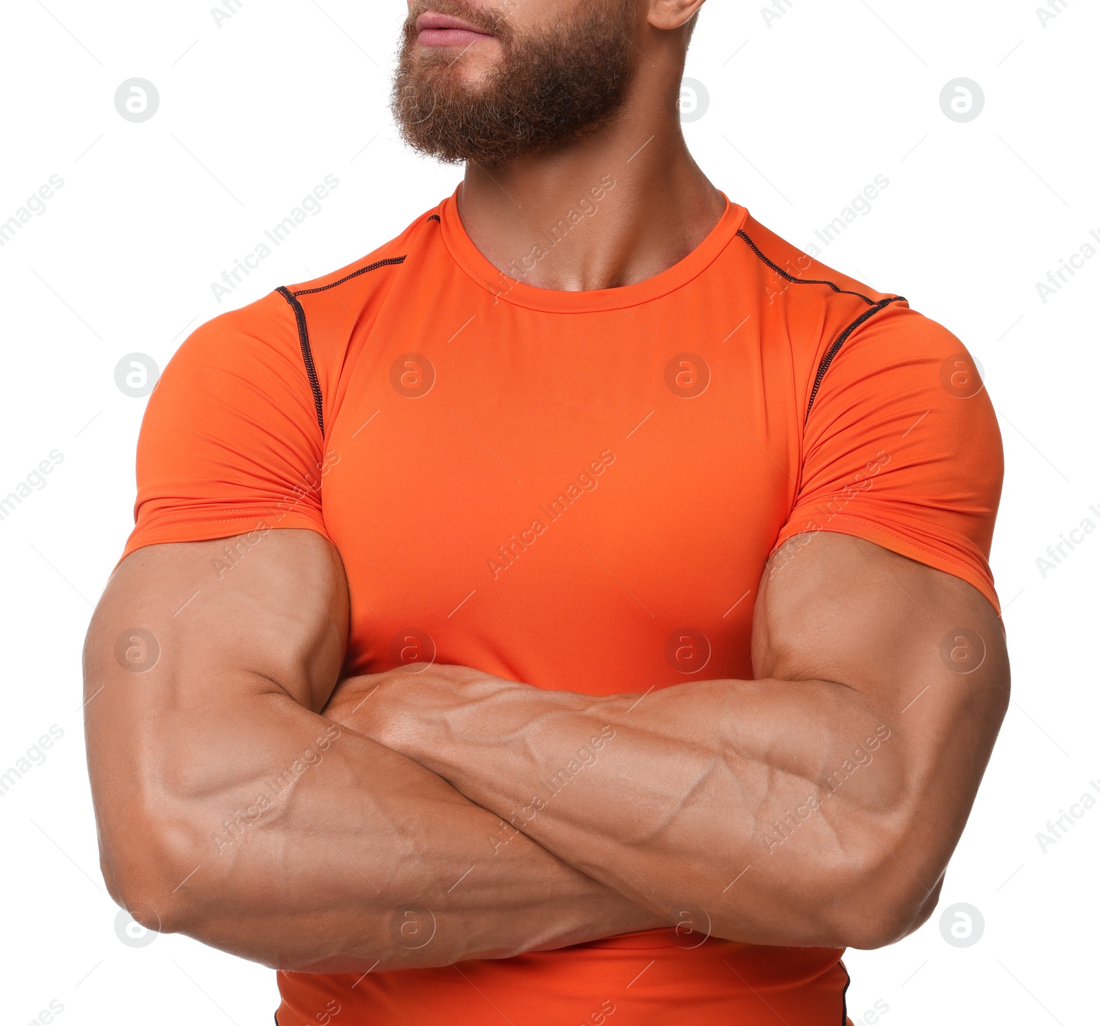 Photo of Young bodybuilder with muscular arms on white background, closeup