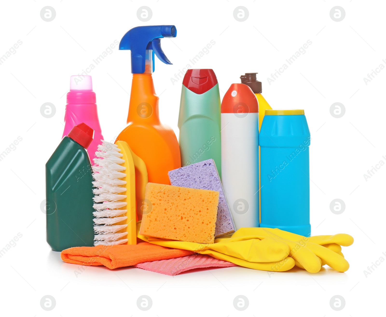 Photo of Different cleaning supplies on white background