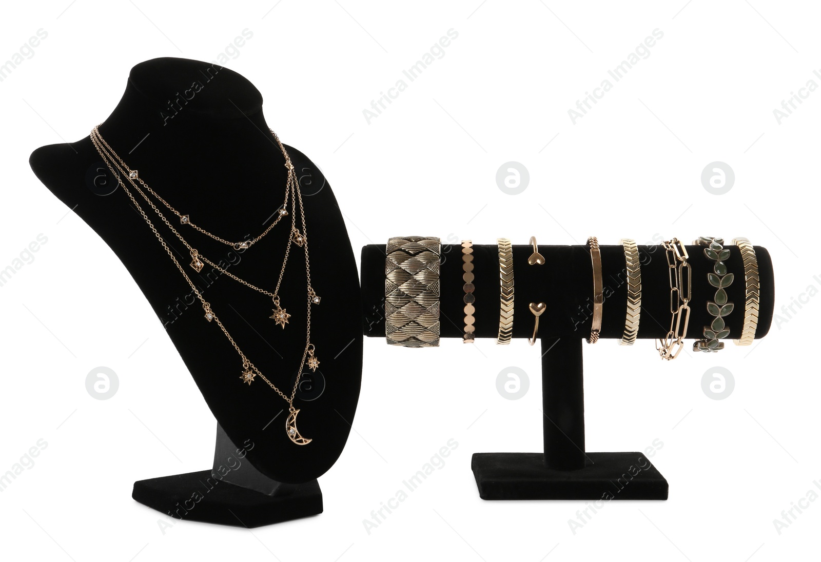 Photo of Different display stands with stylish jewelry on white background