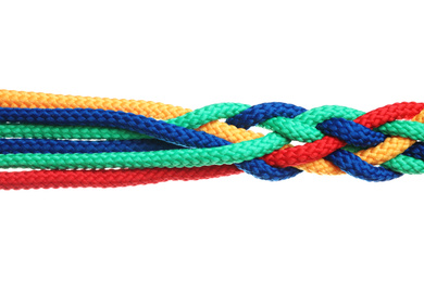 Braided colorful ropes isolated on white. Unity concept