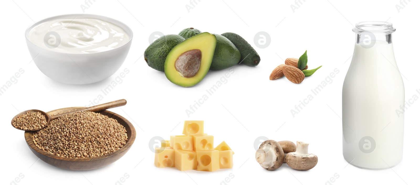 Image of Set with food rich in protein on white background. Banner design