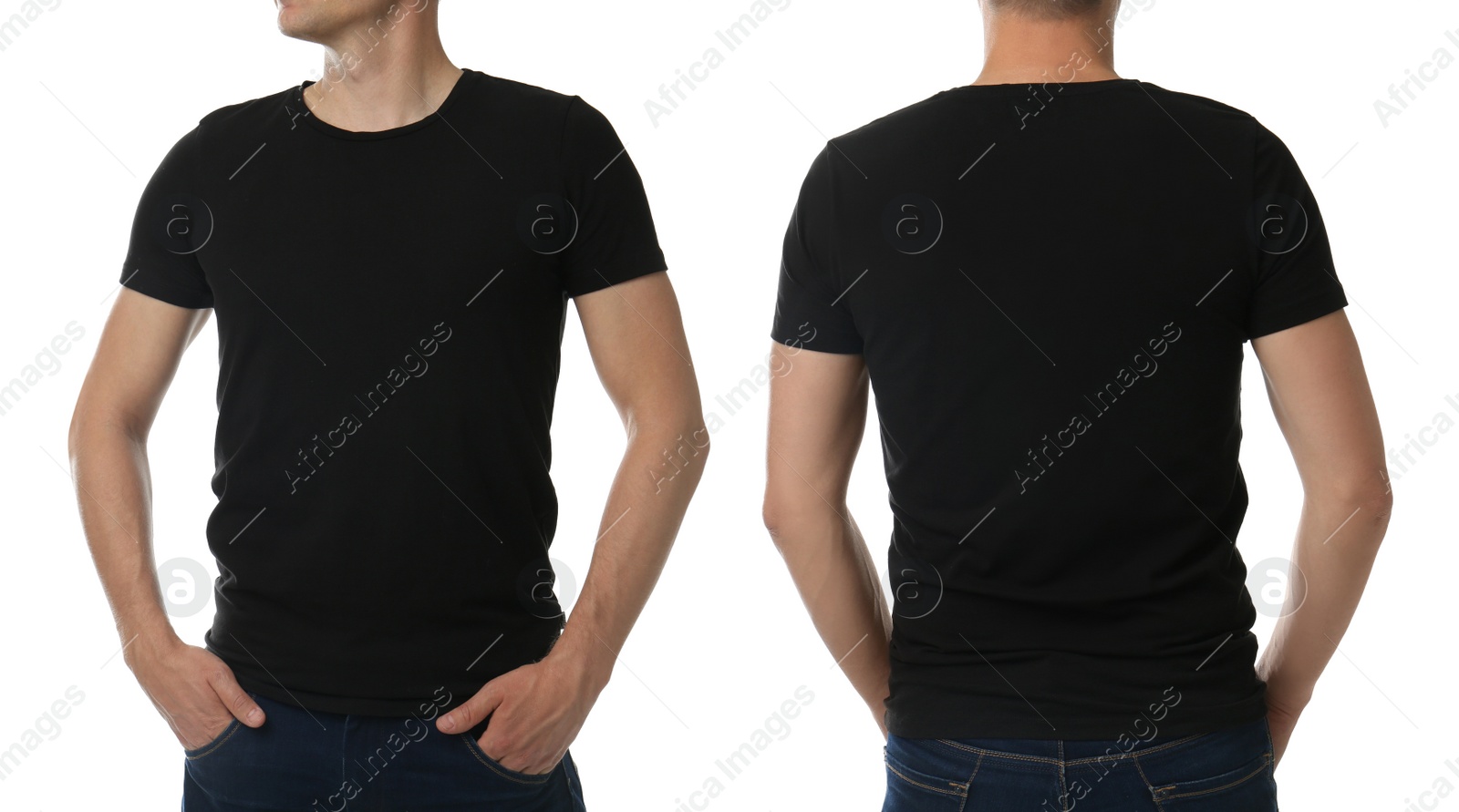 Image of Man in black t-shirt on white background, closeup with back and front view. Mockup for design